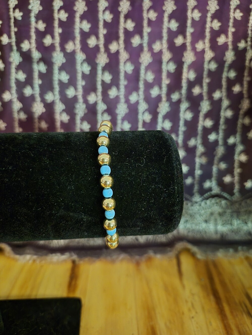 Gold and Turquoise Beaded Stretch Bracelet - Women's Jewelry